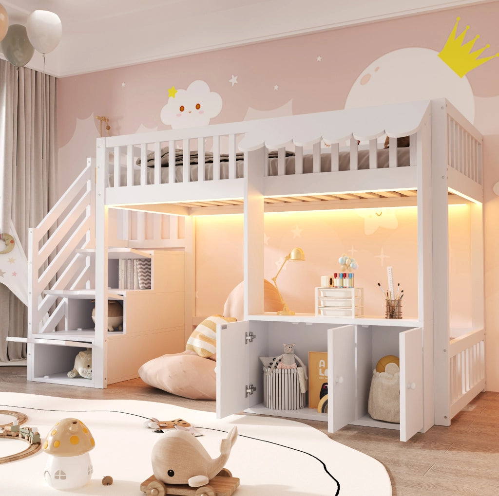 Letto a soppalco singolo 90x200 cm con scala contenitore; spazio di archiviazione e LED multicolore; bianco