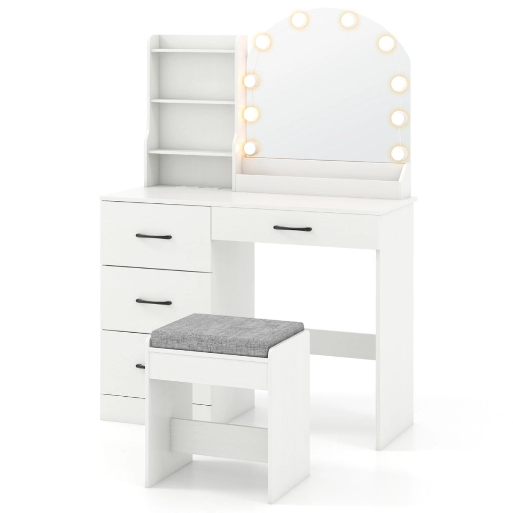 Scrivania da trucco con specchio e luci, Set tavolo da trucco e sgabello con stazione di ricarica Bianco