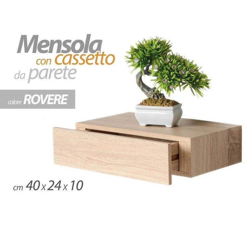 Trade Shop - Mensola Da Parete Con Cassetto Sospeso Pensile In Legno Rovere 40x24x10cm 782510 -