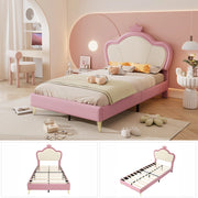 Lit enfant rembourré 90x200 cm rose et blanc avec tête de lit couronne; protection douce et structure stable