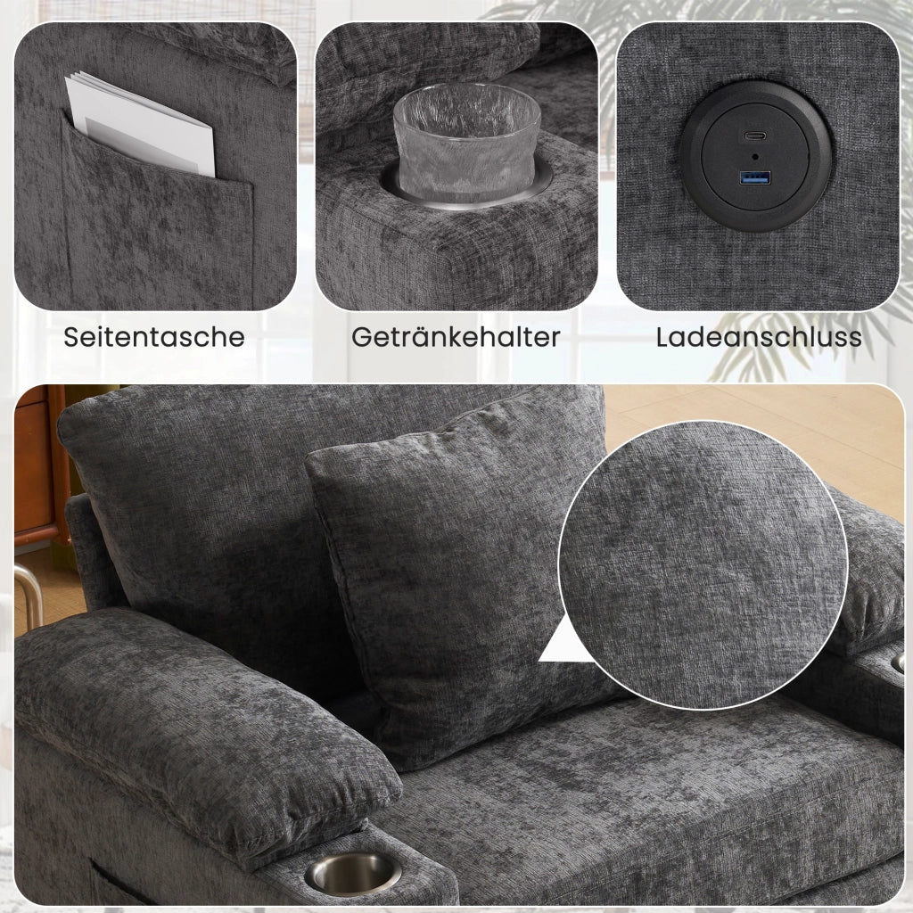 Fauteuil relax in ciniglia con portabicchieri, USB e tasche laterali, supporto ergonomico, grigio scuro
