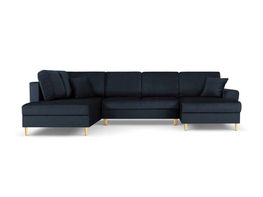 Cosmopolitan Design - Divano panoramico convertibile sinistro con contenitore "Kyoto" 7 posti in velluto blu scuro 
