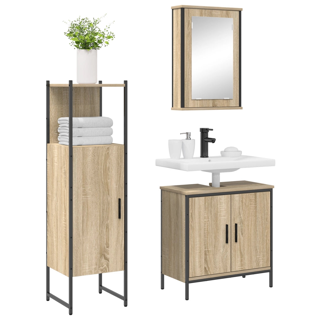 Set Mobili Bagno 3 Pezzi Rovere Legno Ingegnerizzato
