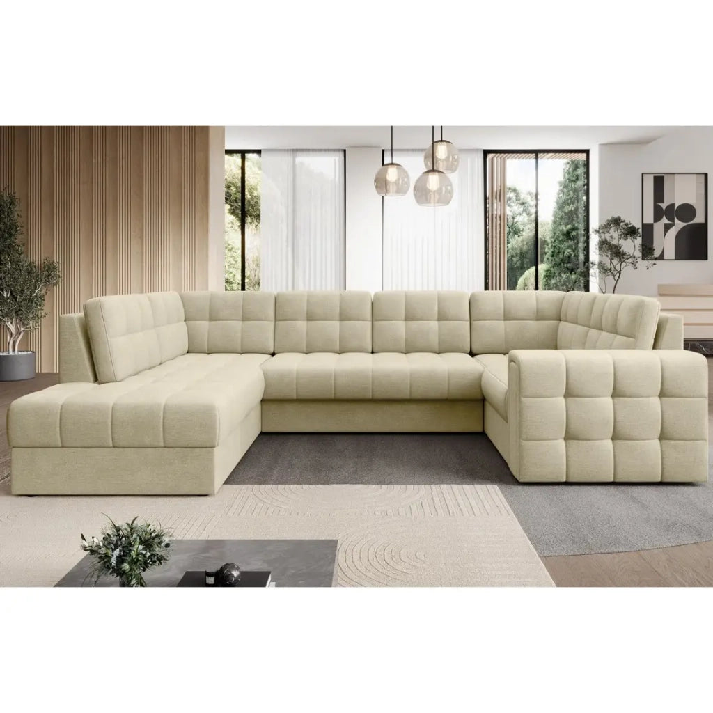 Divano angolare convertibile MONTEZA beige sinistro 299 cm con contenitore e letto