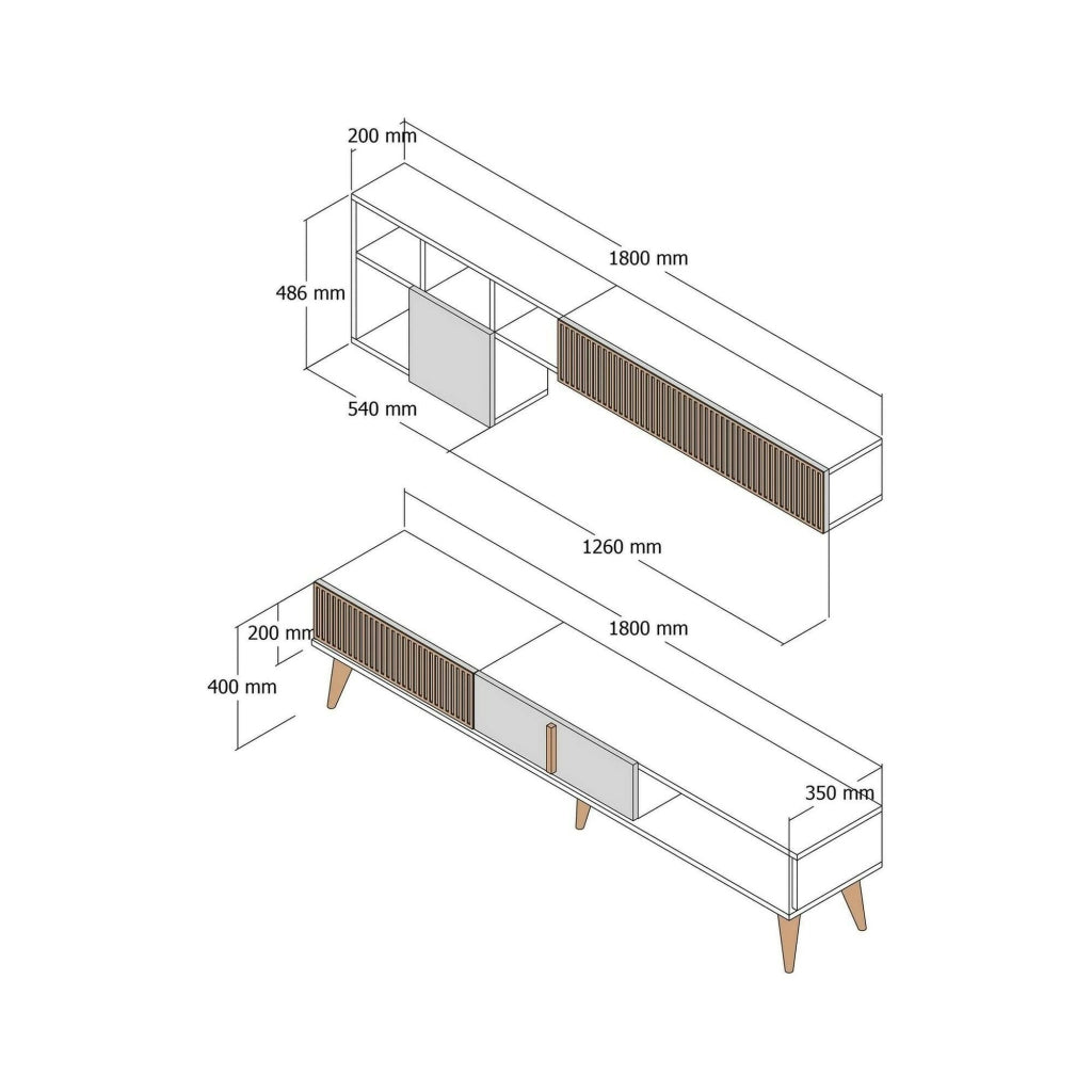 Parete attrezzata Ostro, Composizione soggiorno, Mobile salotto multiuso, Armadio porta TV, 180x35h40 cm, Noce e Bianco