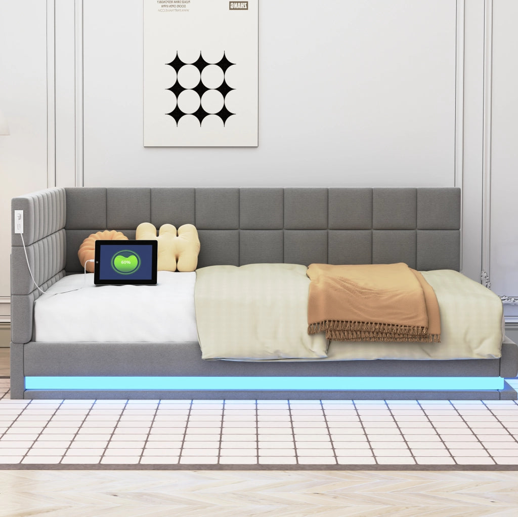Divano letto 140x200 cm con LED e USB; lino grigio (Senza materasso)