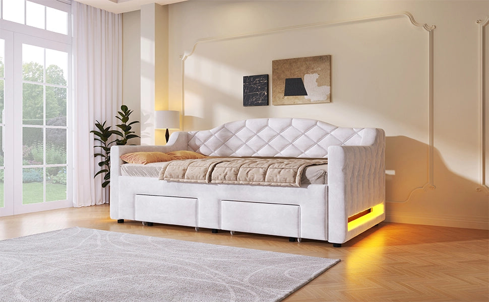 DESMIU Divano letto 90 × 200 e 180 × 200 cm 2 posti con 2 cassetti, LED, senza materasso, bianco
