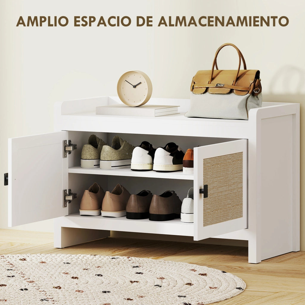 Scarpiera con Cassetti e Ripiano Estraibile in Rattan ¨C Zephmum ¨C Bianco e Beige 80x35x52 cm