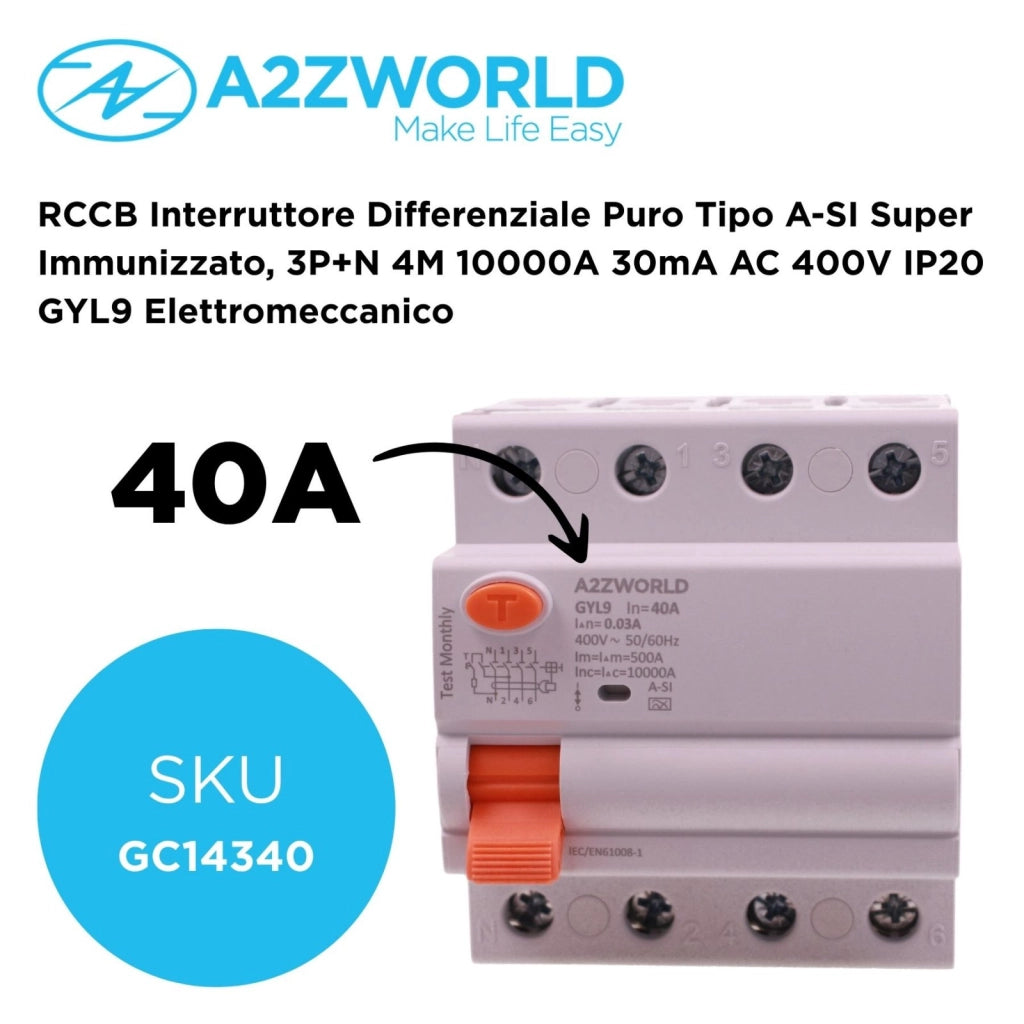 RCCB Interruttore Differenziale Puro Tipo A-SI Super Immunizzato, 3P+N 4M 10000A 30mA AC 400V IP20 GYL9 Elettromeccanico, Corrente Disponibili 40A 63A 100A (40A)