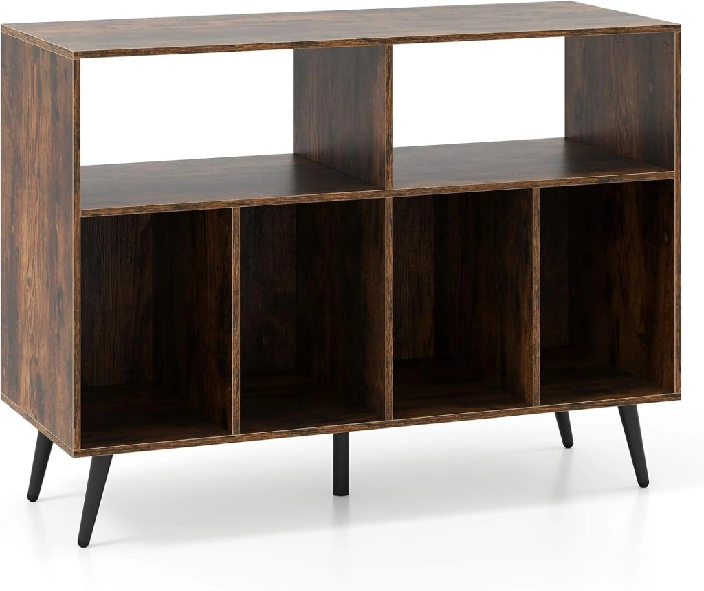 Supporto per giradischi in vinile, con ampio piano di lavoro, 6 scomparti, armadio a dischi in vinile, con kit anti-ribaltamento e piedini antiscivolo, per soggiorno, camera da letto (marrone)