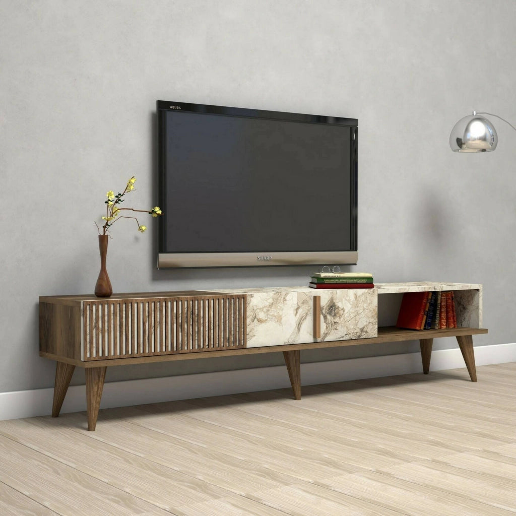 Mobile porta TV Jakuchu, Credenza da soggiorno, Armadio basso per TV, Base parete attrezzata, 180x35h40 cm, Noce e Bianco