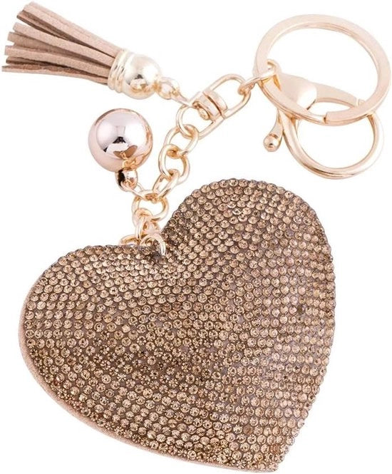 Laccio per le chiavi in pelle con cristallo a forma di cuore, adatto per borse e valigie, dorato chiaro