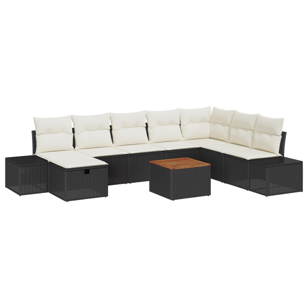 Set da Giardino 9 Pezzi con Cuscini Rattan Polirizzato Nero