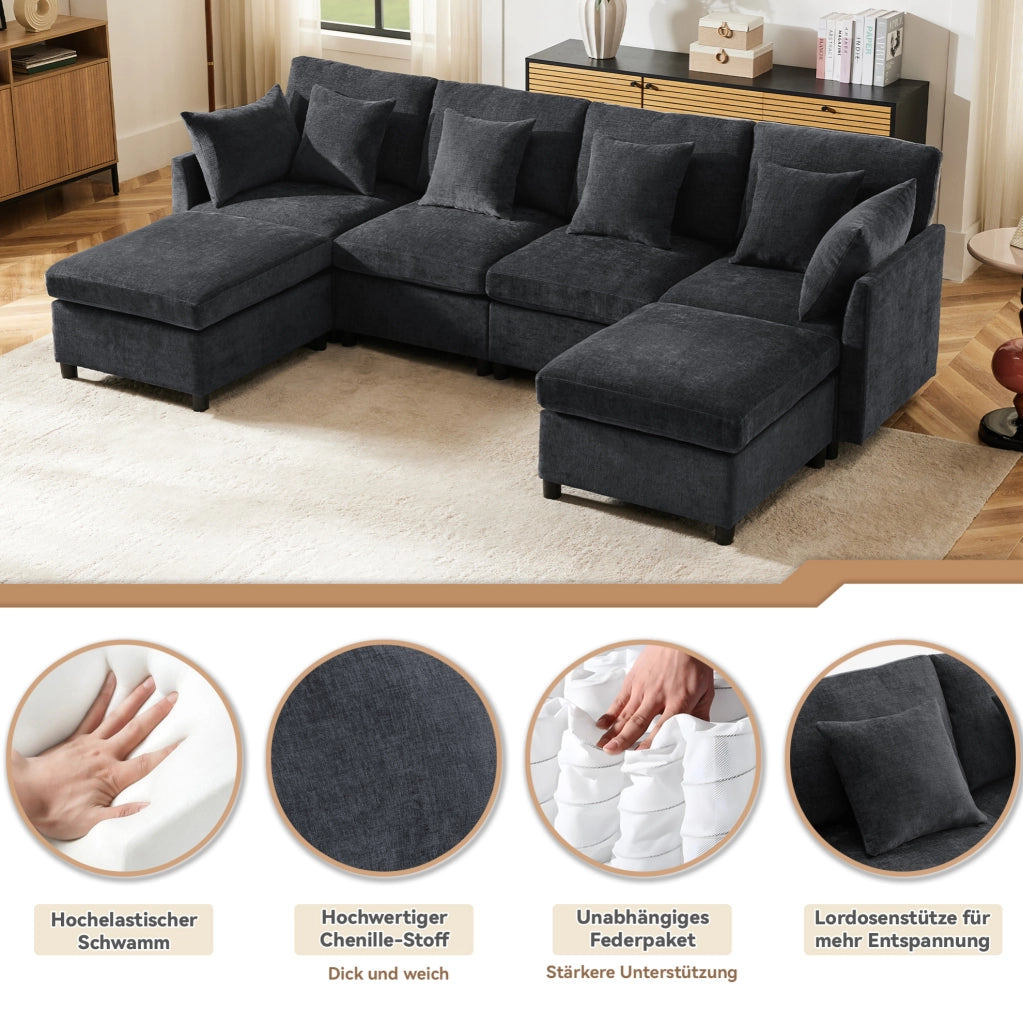 Divano modulare 4-6 posti in chenille grigio con 2 pouf