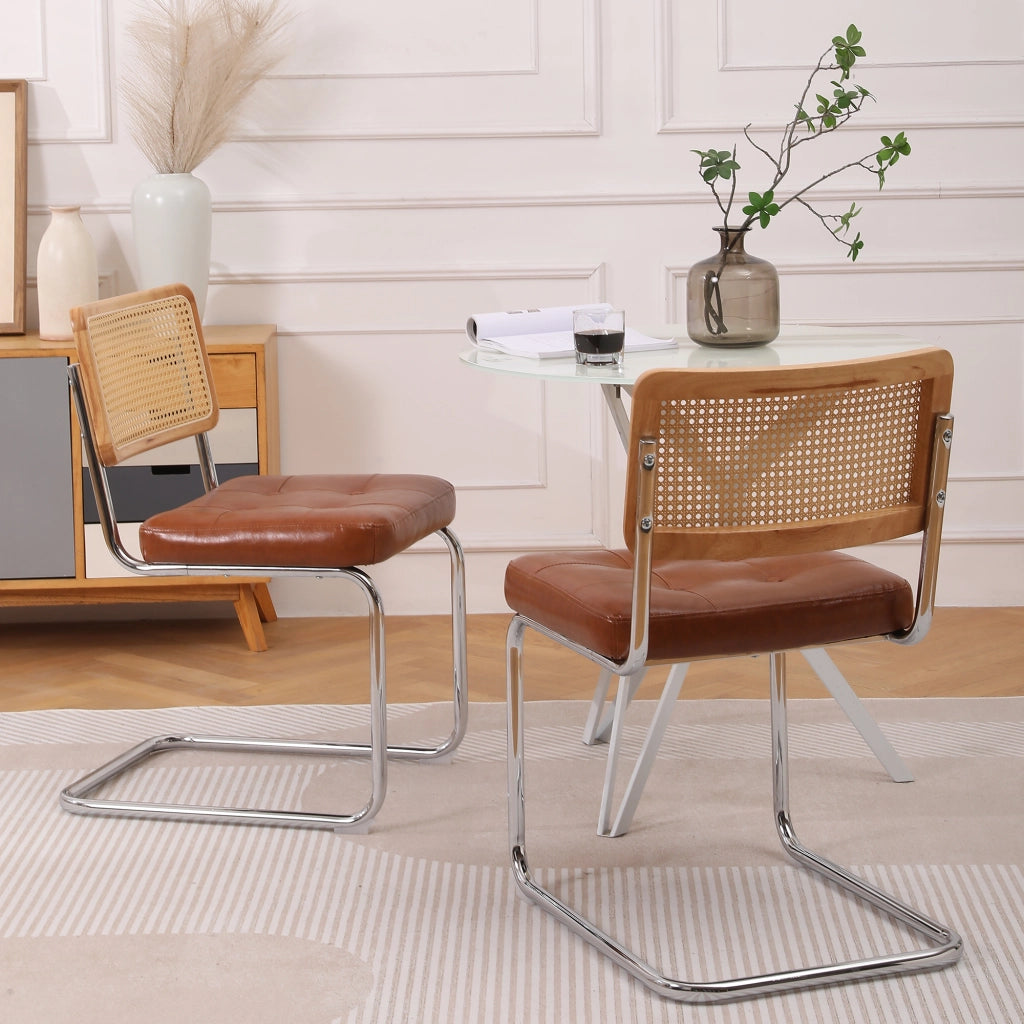 Set 2 Sedie da Pranzo ¨C MINIMAL ¨C Rattan, Similpelle, Schienale Mesh, Gambe Metallo, Marrone