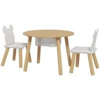 Set con Tavolo e 2 Sedie per Bambini con Schienale a Orsetto, Tavolino con Vano Contenitore, Bianco e Legno