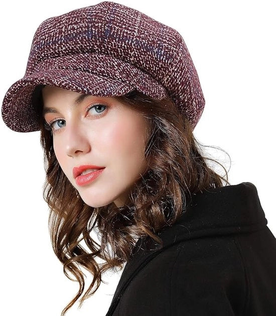 Baret invernale per signore, con cappuccio, Newsboy, Bakerboy, baret con cappuccio, rosso