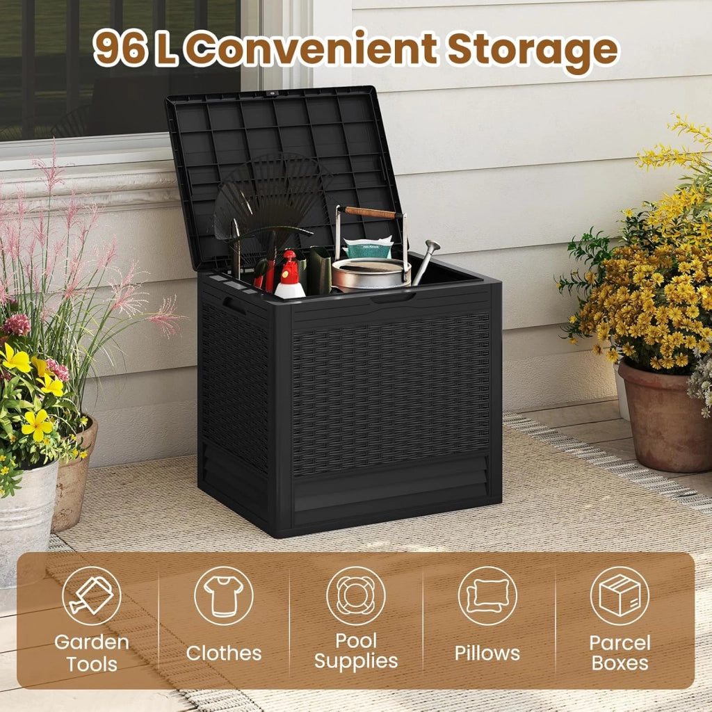 Contenitore da 96L, Scatola da Terrazza in PP Impermeabile per Uso Interno ed Esterno, Contenitore con Design in Rattan Chiudibile a Chiave per Consegna Pacchi (Nero)