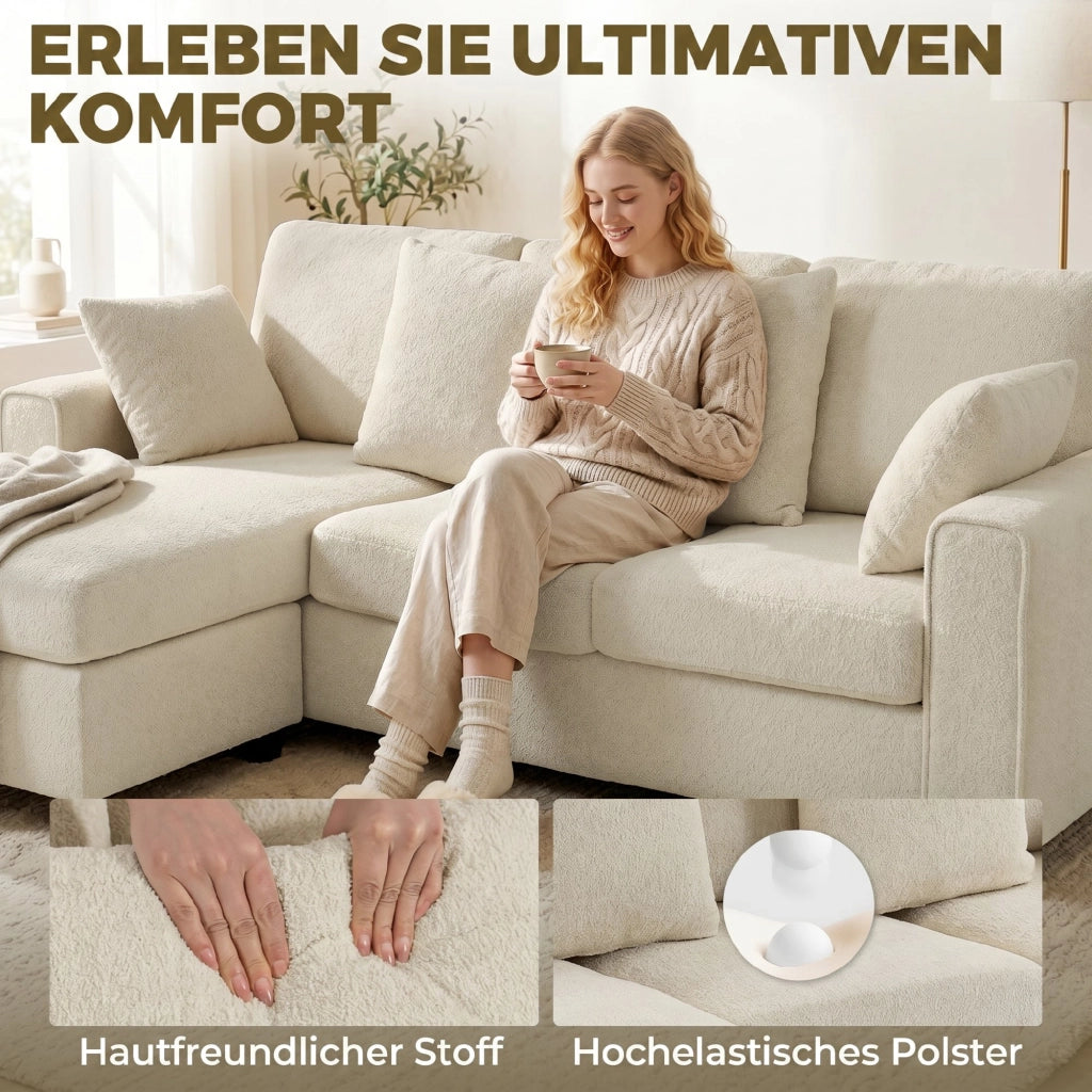 Divano angolare con chaise longue reversibile, imbottito, 3 posti, tessuto velluto, beige ¨C zephmum ¨C 90x