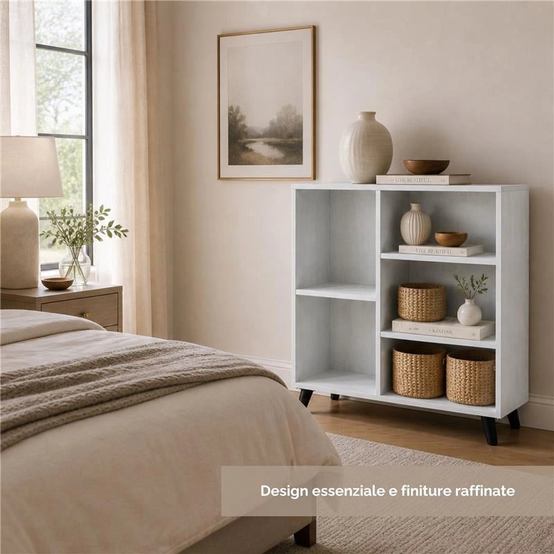 LIBRERIA IN LEGNO BIANCO MODERNA CON 5 RIPIANI SFALSATI DIMENSIONI 80X30X90 CM