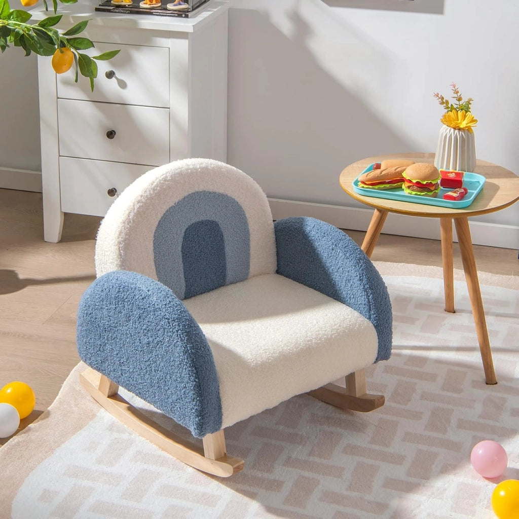 Sedia a Dondolo per Bambini con Gambe in Legno Massello, Poltrona per Bambini di 3-5 Anni, Divanetto Singolo Imbottito per Cameretta, 50,5 x 49 x 50,5 cm, Portata 50 kg (Blu)