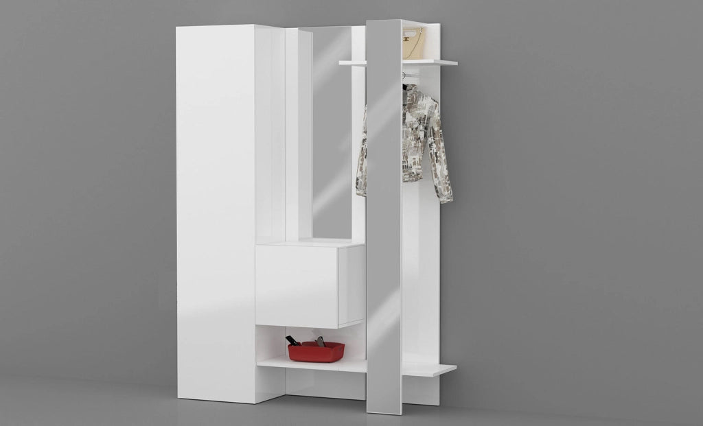 Mobile Ingresso Appendiabiti e 2 Specchi 140x35x191 cm Kompact Bianco Lucido