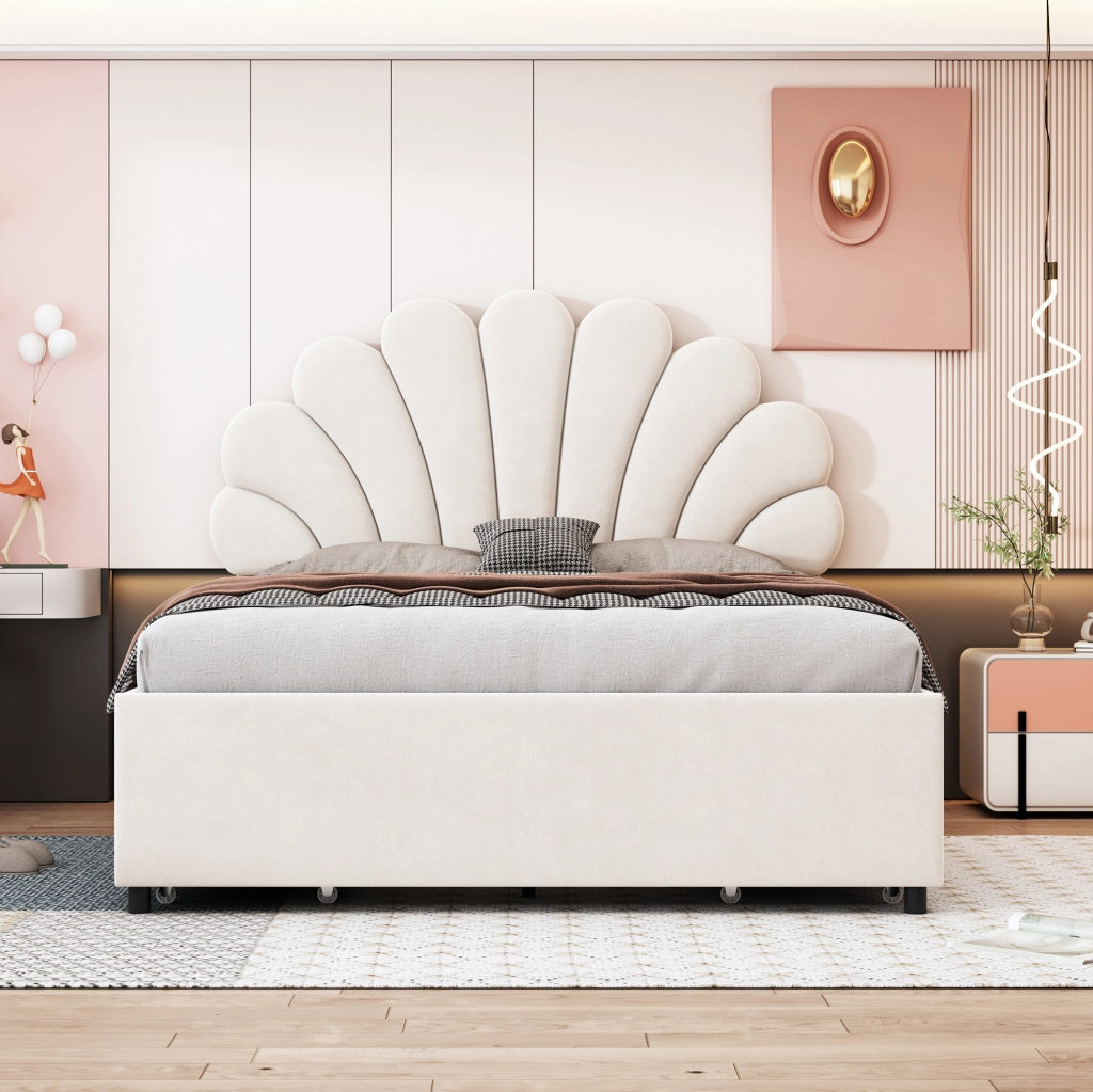 Letto imbottito 140x200 cm con 4 cassetti e testiera a fiore; velluto beige (Senza materasso)