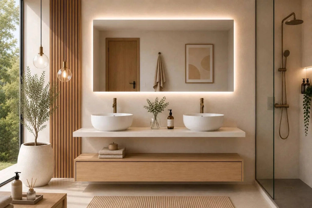 Mobile bagno componibile CERDEÑA con modulo e piano top da 120 cm, doppio lavabo, senza specchio
