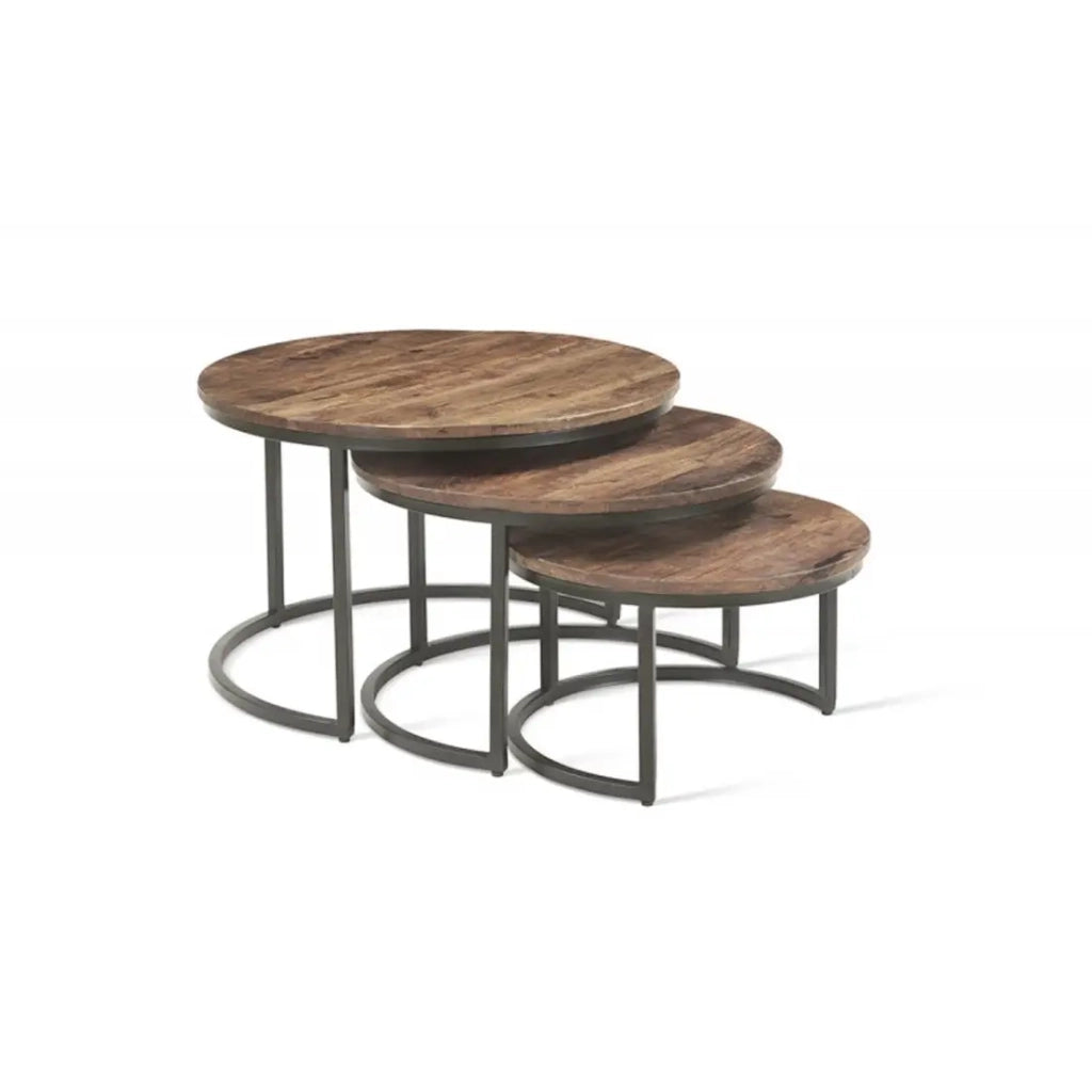 Table bassa ARNOLD – Set di 3 tavolini nidificati rotondi – Marrone legno e metallo – Stile contemporaneo