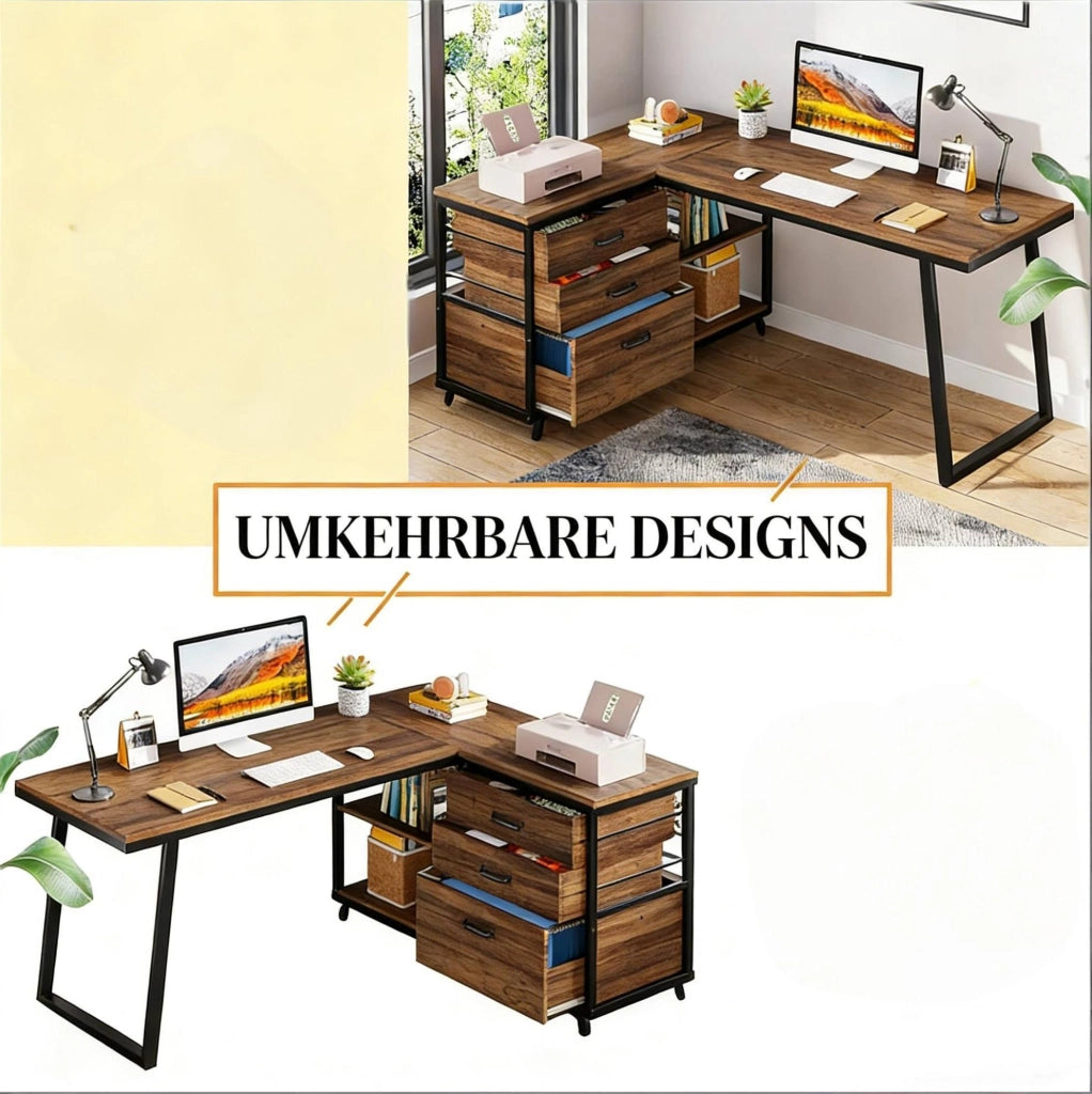 Scrivania angolare reversibile con cassetti e ripiani 134 x 50 cm
