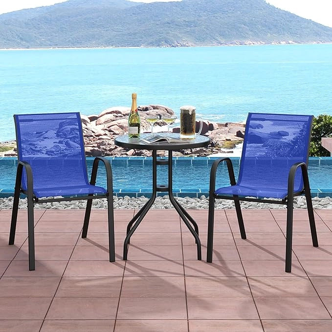 Set Mobili da Giardino 3 Pezzi, con Tavolo Rotondo in Vetro Temperato e 2 Sedie in Textilene Traspirante, per Esterno Balcone Giardino (Blu)