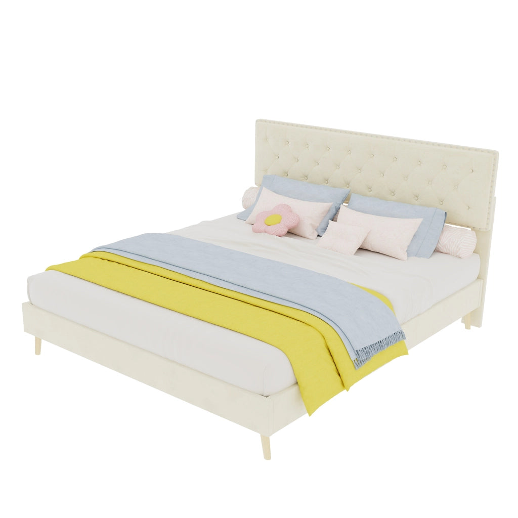 Letto imbottito moderno con testiera morbida, 160x200 cm, beige