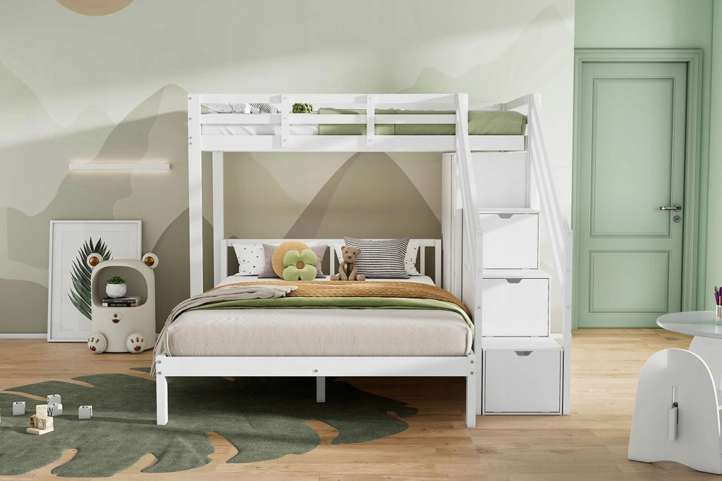 Letto a castello 90x200+140x200 con armadio e ripostiglio, bianco - Xylo