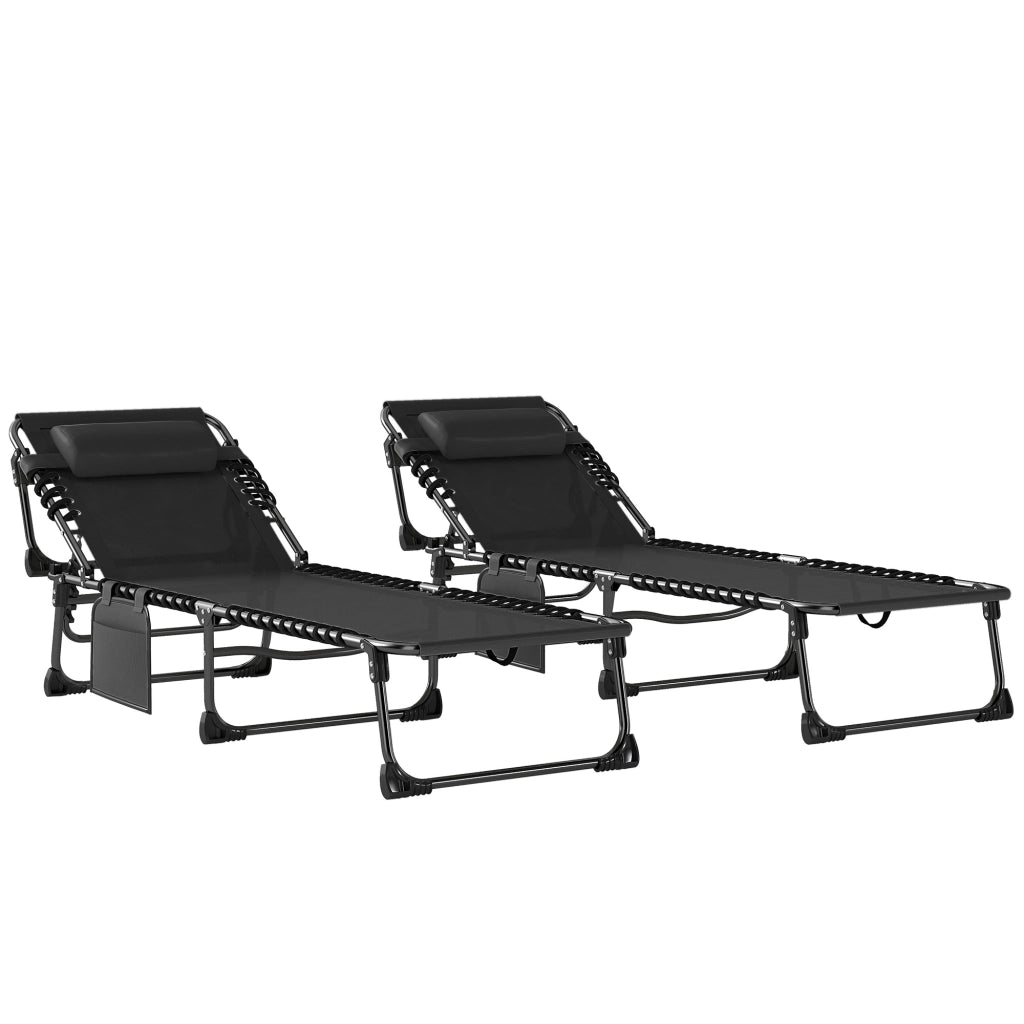 Set 2 Lettini Prendisole da Giardino Pieghevoli e Reclinabili su 5 Livelli con Cuscini, 57x200x38 cm, Nero