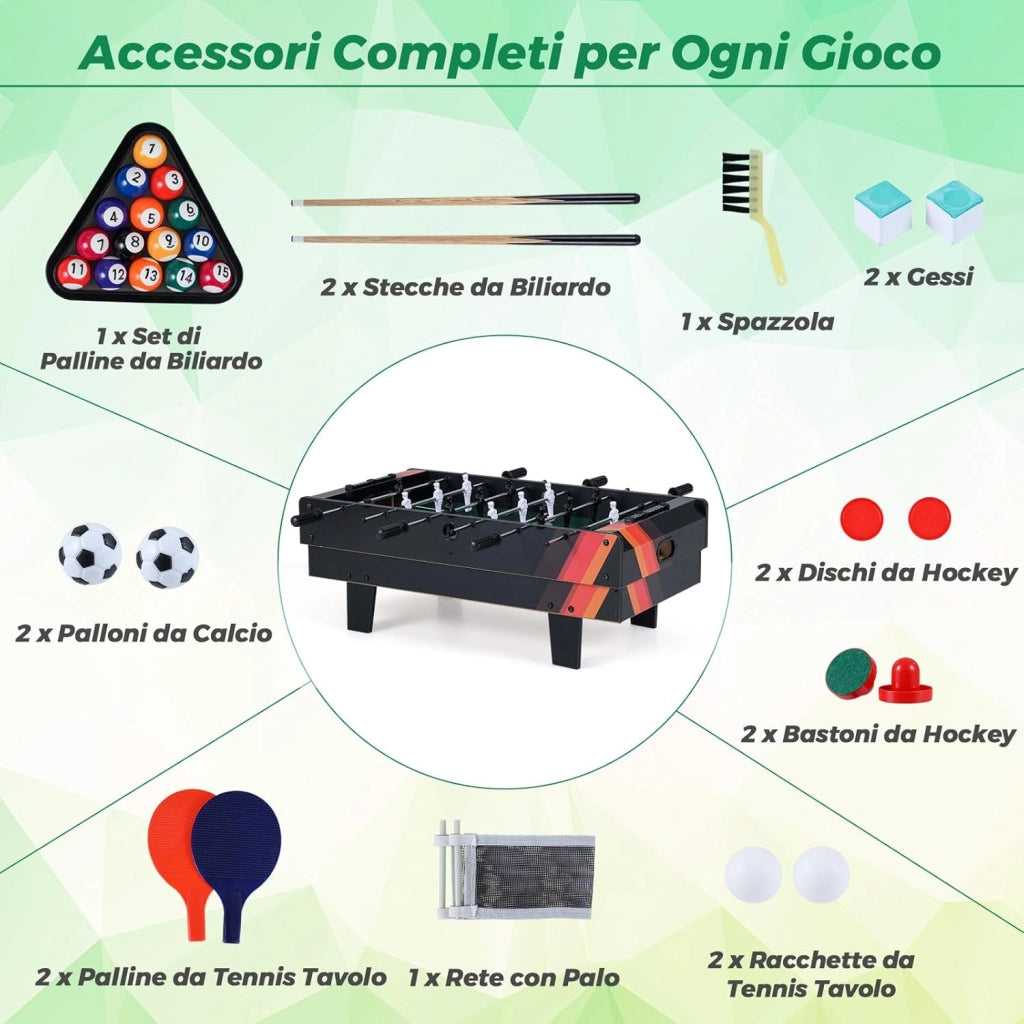 Tavolo Multigioco, Gioco Multifunzione 4 in 1-Calcio Balilla, Tavolo da Biliardo, Ping Pong, Air Hockey, Calcetto Multigioco per Adulti e Bambini, Casa Feste Bar (Nero)