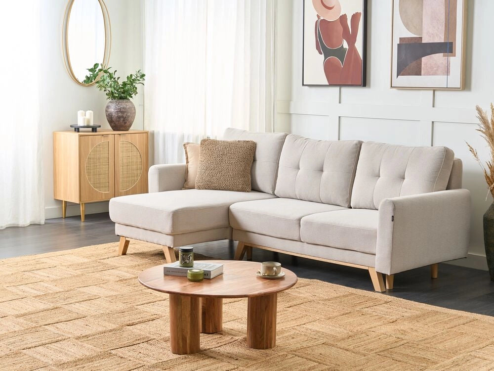 Divano angolare 3 posti destro imbottito in tessuto beige con funzione di dormiente e schienale imbottito estraibile Gambe in legno