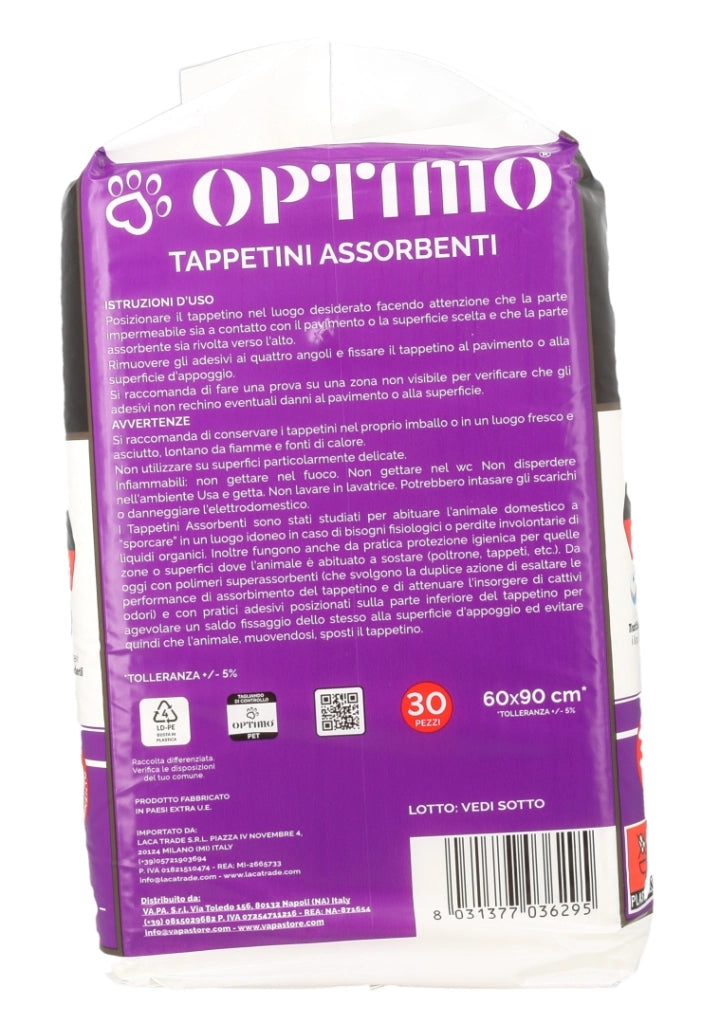 OPTIMO TAPPETINI IGIENICI PER ANIMALI 60X90 CM IN CONFEZIONE DA 30 PEZZI