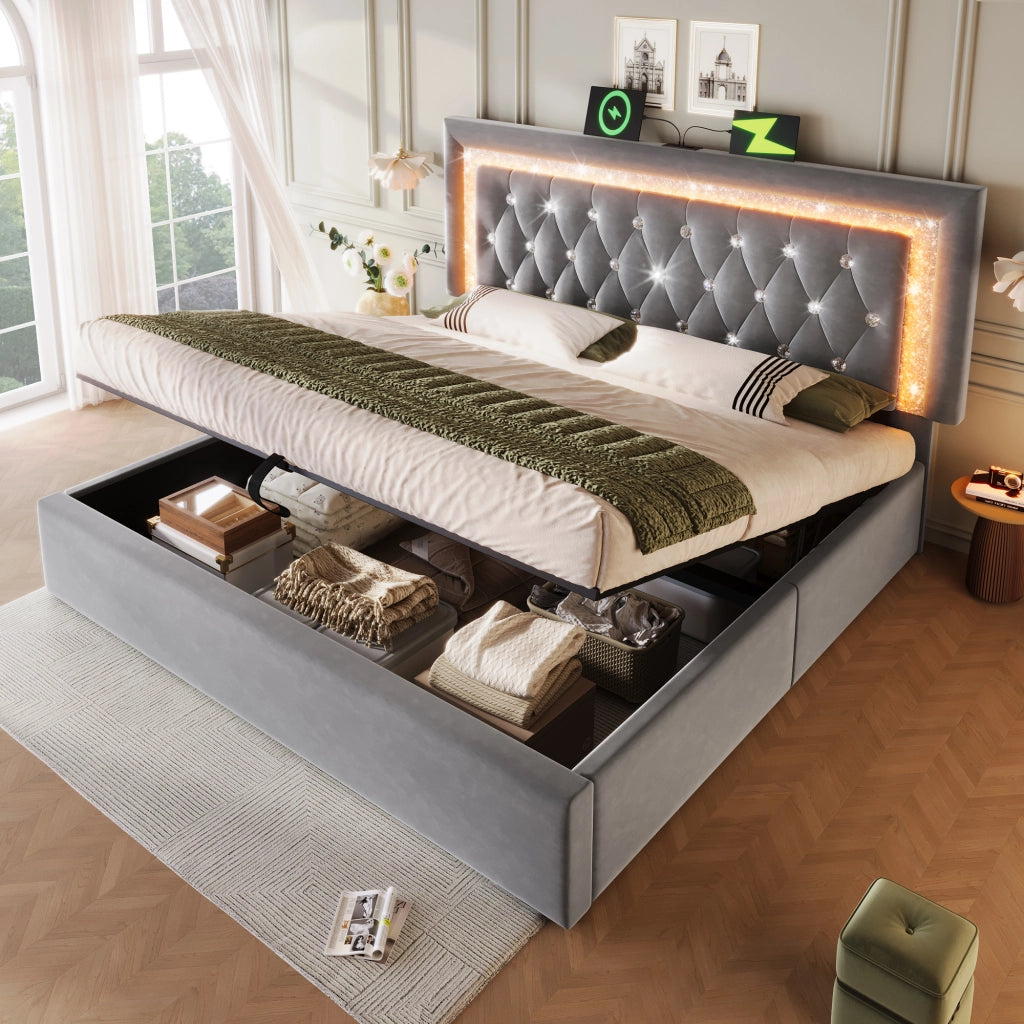 LETTO imbottito 160x200 cm in velluto grigio con materasso incluso