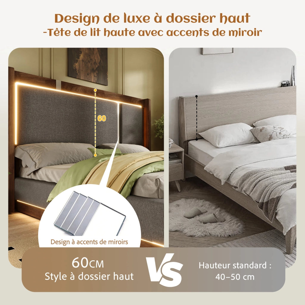 Letto giovane 90x200 LED idraulico lino grigio/noce