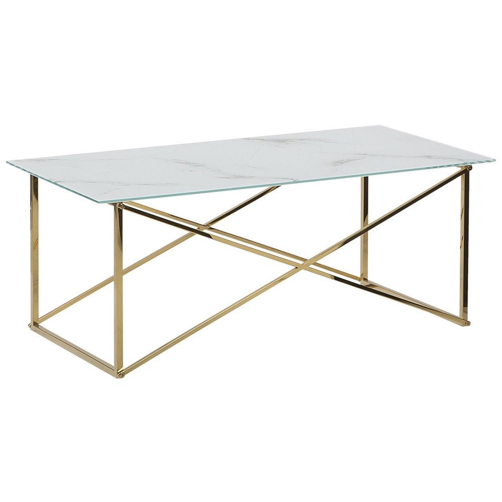 Tavolino Rettangolare Effetto Marmo Piano Bianco Gambe dorato Piano Vetro Temperato Base Acciaio Inox 100 x 50 cm Glam Minimalista