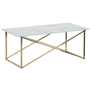 Tavolino Rettangolare Effetto Marmo Piano Bianco Gambe dorato Piano Vetro Temperato Base Acciaio Inox 100 x 50 cm Glam Minimalista