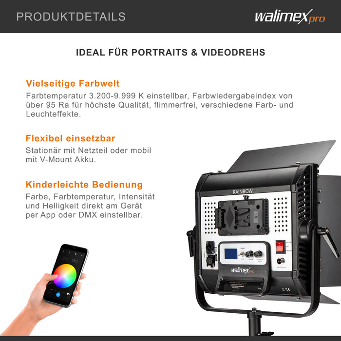 Rainbow Pannello LED fotografia 100W - Luce fotografica da studio con cambio colore RGBWW, illuminazione controllo tramite app, luce video bicolore