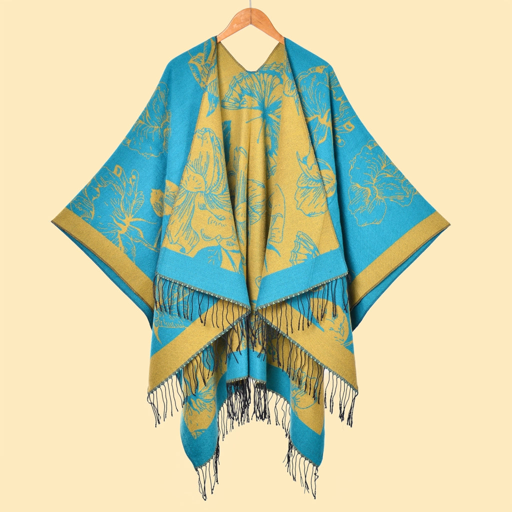 Elegante scialle caldo double-face con frange floreali e spacco laterale