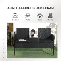Divanetto per Esterni 2 Posti con Tavolino da Caffè, in Acciaio e Rattan PE, 137x59x82 cm, Nero