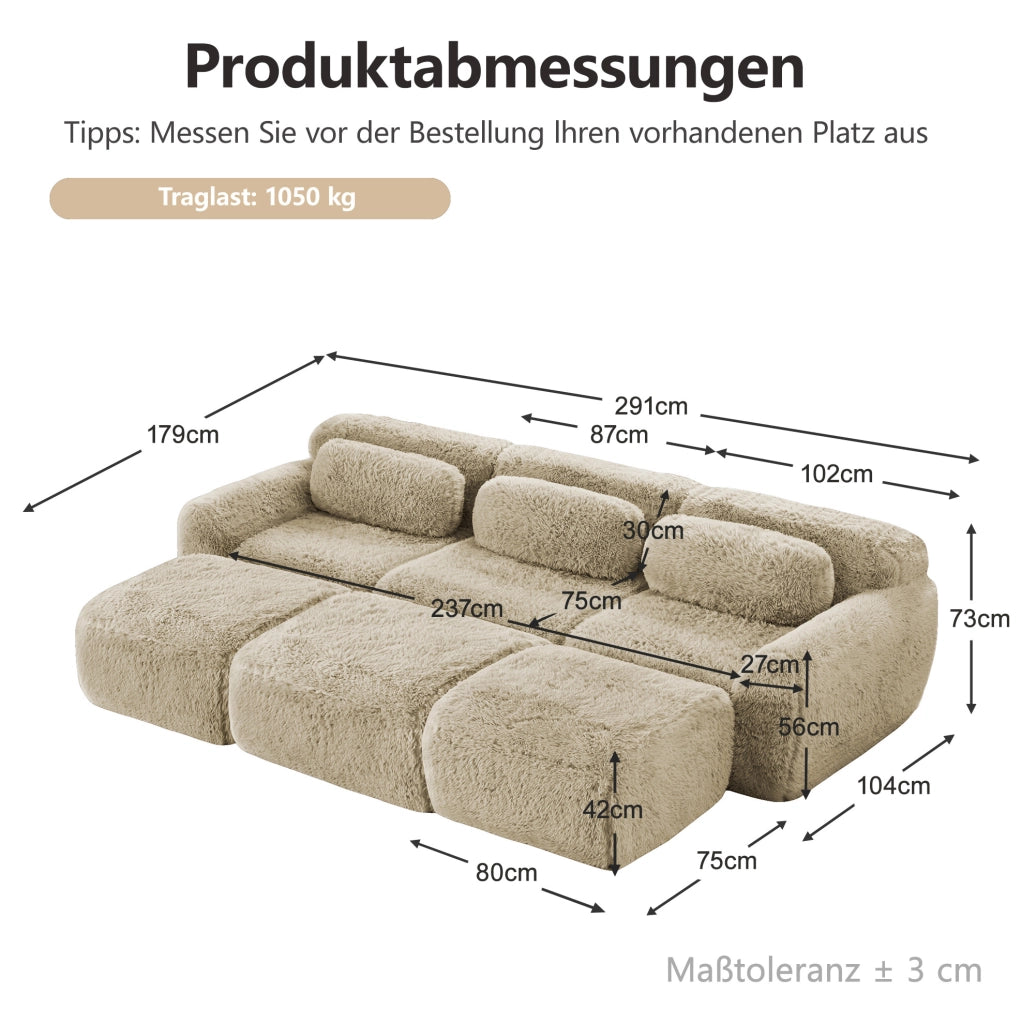 Divano modulare 3 posti con 3 pouf 291x179x73 cm in tessuto peluche; light khaki
