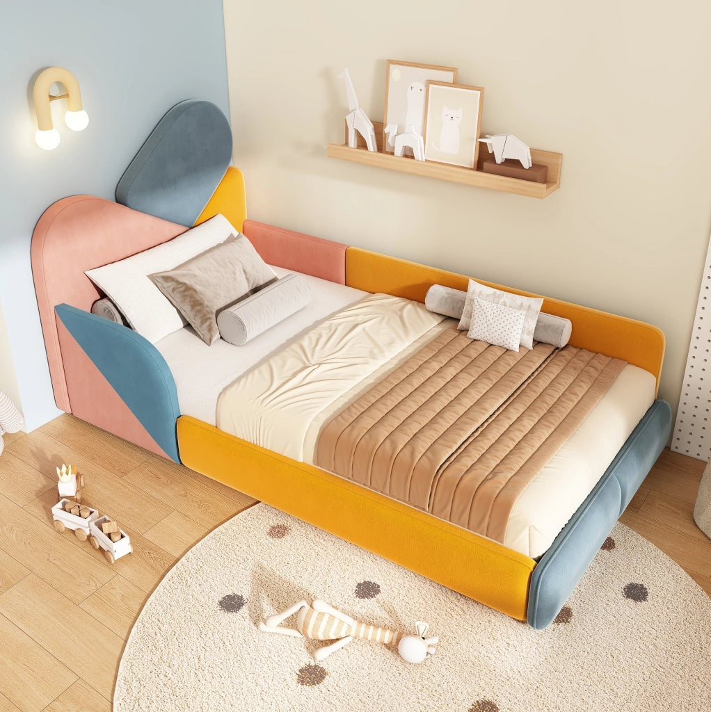 Letto imbottito 90x200 cm con protezione laterale rialzata in velluto multicolore