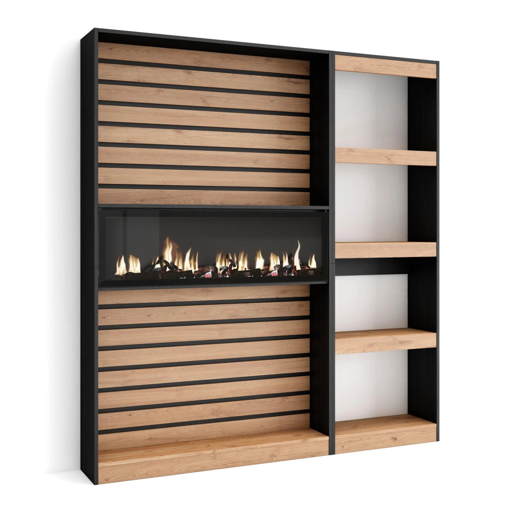 Libreria scaffale, 170x25x186cm, Soggiorno - Ufficio, Camino elettrico, colore Rovere e nero RF2335