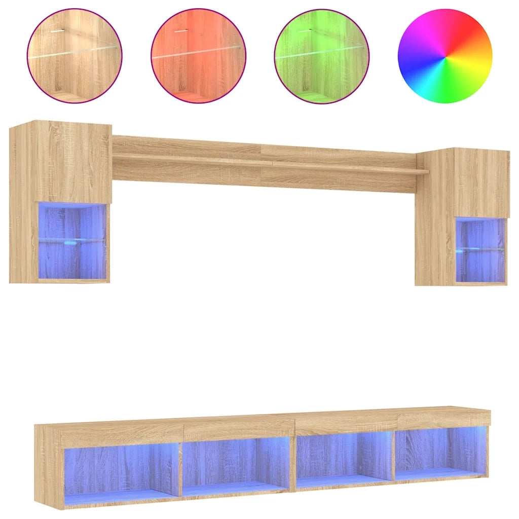 vidaXL Mobili TV a Muro con LED 6pz Rovere Sonoma Legno Multistrato