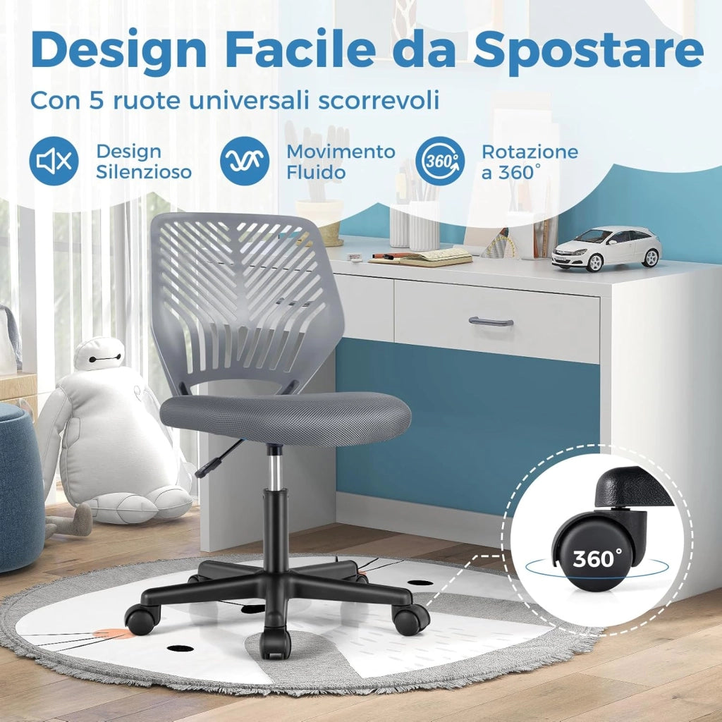 Sedia da Scrivania Ergonomica per Bambini, Sedia per Computer in Rete per Bambini con Ruote Universali, Regolabile in Altezza, Senza Braccioli, Sedia da Studio per Bambini(Grigio)