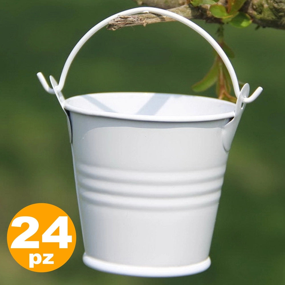 Trade Shop - 24 X Secchielli Bianchi In Latta Verniciata Portaconfetti Bomboniera Bomboniere -